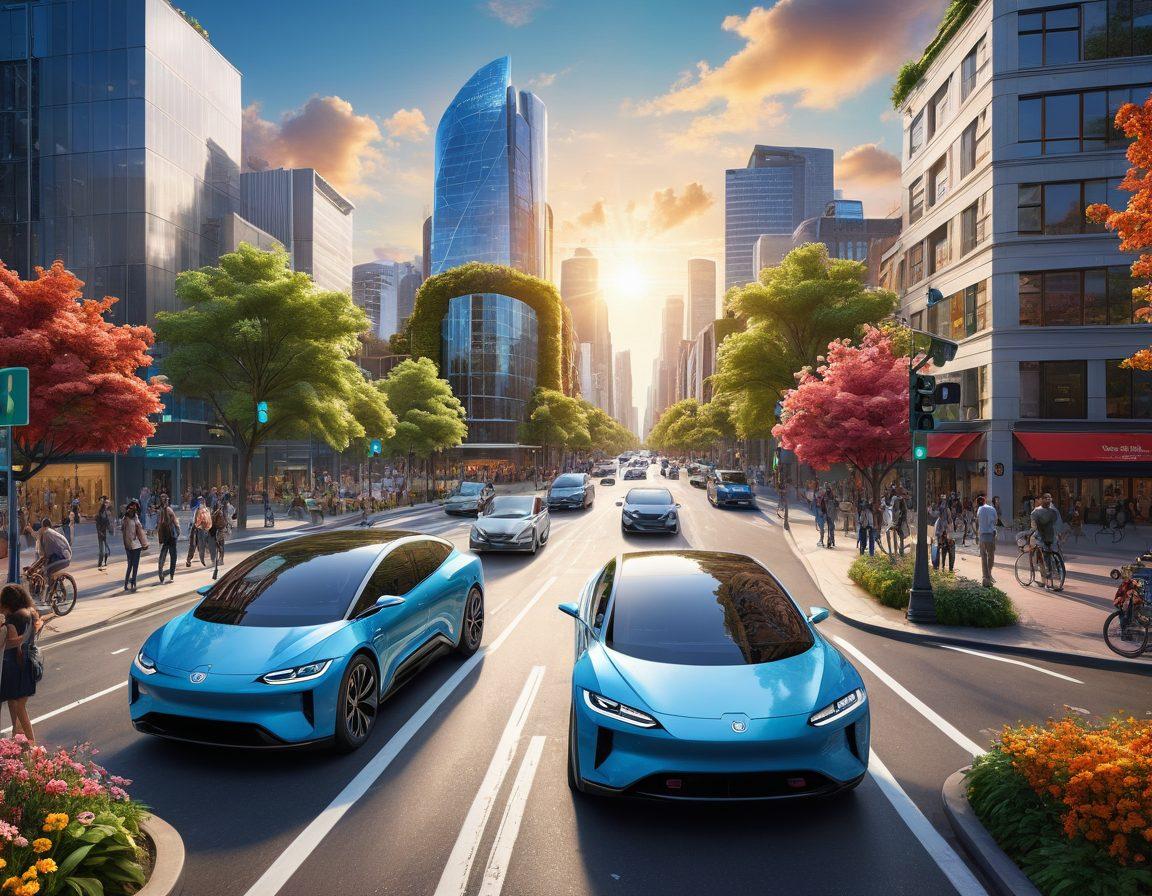 A futuristic city intersection bustling with electric vehicles, solar panels, and charging stations, showcasing a vibrant green landscape with trees and flowers integrated into the urban design. People on bicycles and using public transport blend seamlessly with advanced cars, hinting at a cleaner environment. The sky is bright blue with fluffy white clouds, symbolizing hope and innovation. super-realistic. vibrant colors.
