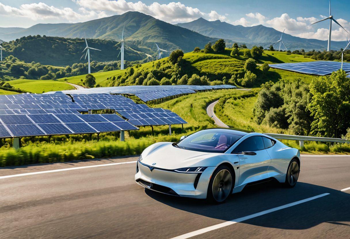 A futuristic electric car seamlessly gliding on a winding road through a lush green landscape, showcasing solar panels in the background and wind turbines on the hills. The scene is bathed in warm sunlight, highlighting the harmony between technology and nature. Include a city skyline with eco-friendly structures in the distance. vibrant colors. super-realistic.