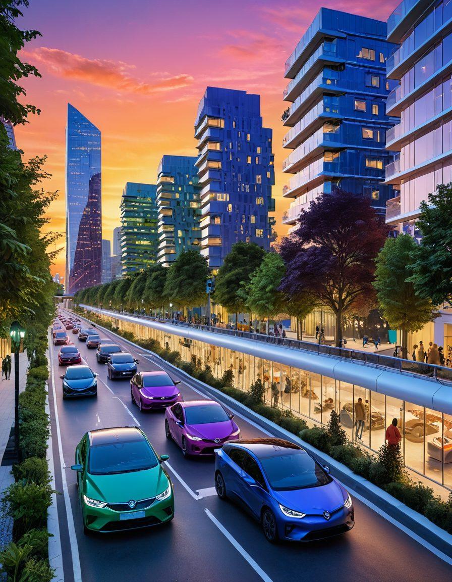 A futuristic urban landscape featuring various green vehicles such as electric cars, bikes, and buses traveling on eco-friendly roads. The background showcases lush greenery and solar panels integrated into the buildings. Emphasize a vibrant sunset casting warm hues over the scene, symbolizing a sustainable future. Include a diverse group of people happily engaging with the environment. super-realistic. vibrant colors. 3D.